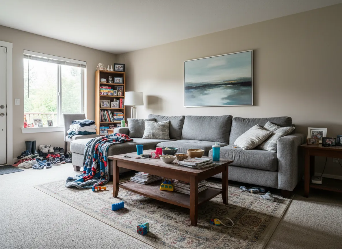 Cluttered living room before professional cleaning