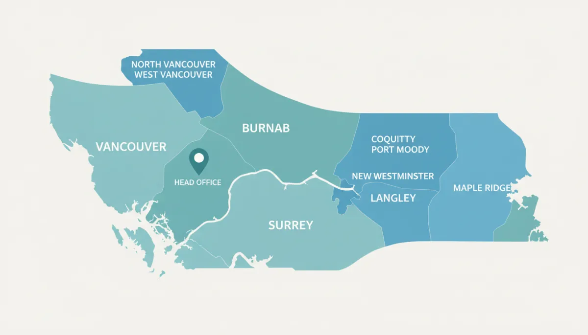 Stylized map of Metro Vancouver highlighting Dazzle Pros service areas