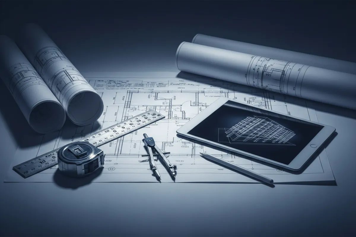 Blueprint and hardhat construction site planning