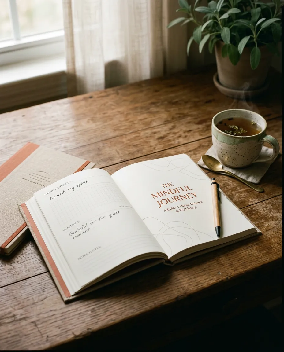 Warm lifestyle workbook and guided journal resting on a wooden desk with a ceramic tea cup