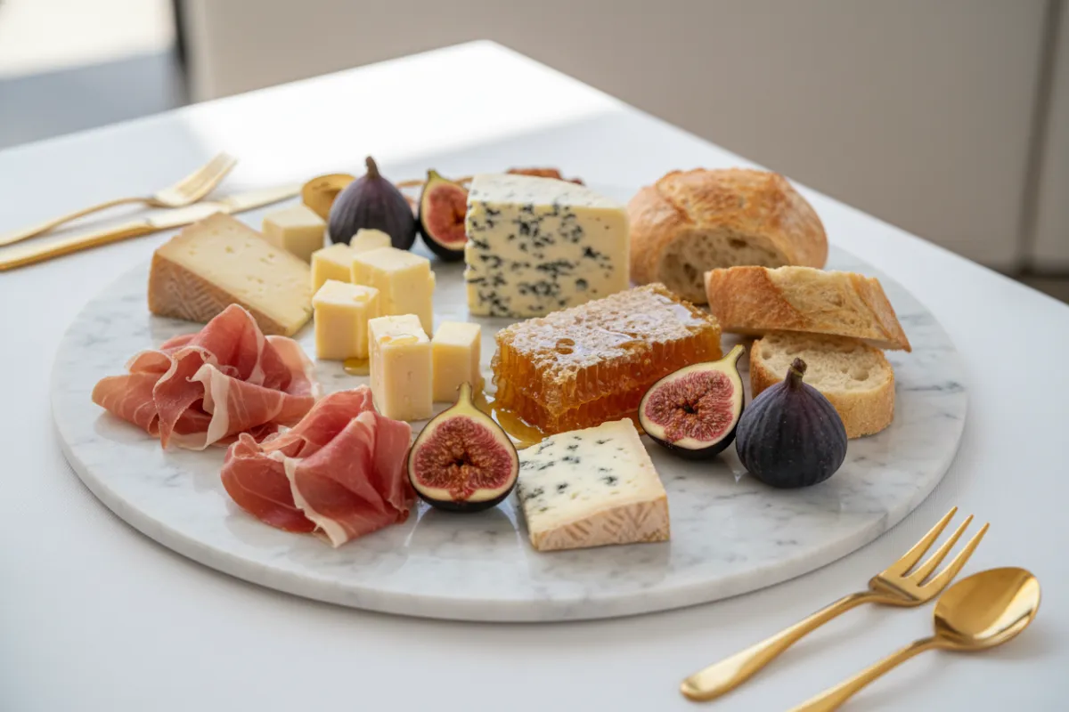 Gourmet charcuterie board with prosciutto, manchego, blue cheese, figs, honeycomb, and artisan bread, styled on a round marble platter with gold utensils beside it.