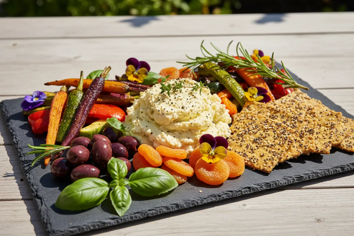 Vegan charcuterie board with cashew cheese, roasted vegetables, olives, dried apricots, and seeded crackers, displayed on a slate board with fresh herbs and edible flowers.