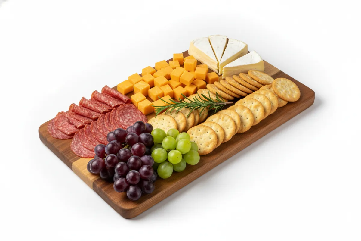 Classic charcuterie board featuring Italian salami, aged cheddar, brie, grapes, and crackers, arranged in neat rows on a rectangular wooden board, with a sprig of rosemary for garnish.