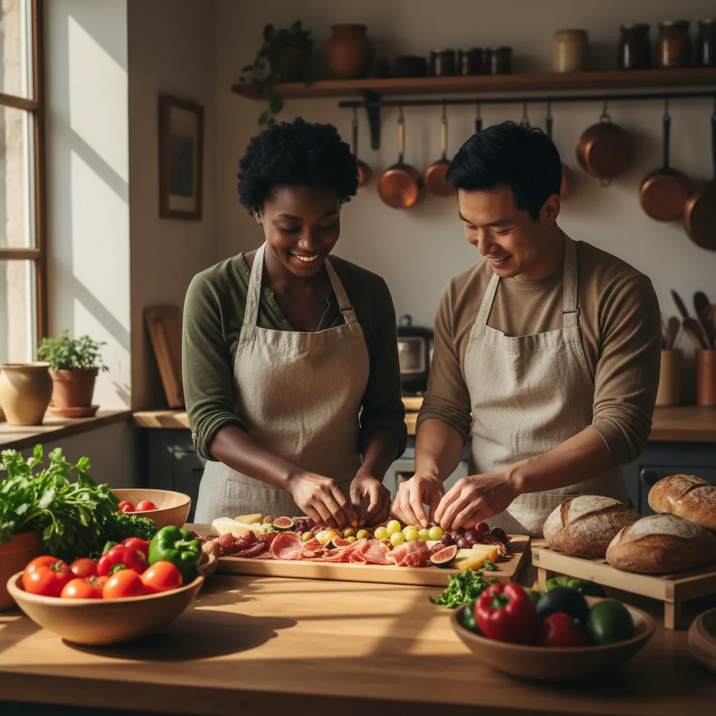 Two diverse founders in aprons arranging charcuterie ingredients in a sunlit kitchen, surrounded by fresh produce and artisan breads, with a warm, inviting atmosphere and a focus on craftsmanship.