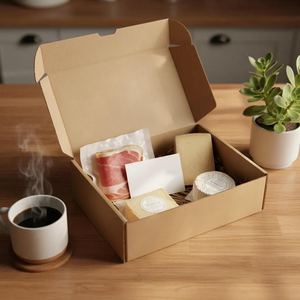 A subscription box opened to reveal neatly packed charcuterie items, including wrapped meats, cheeses, and a tasting card, set on a kitchen counter with a cup of coffee and a plant nearby.