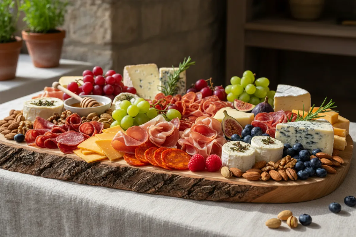 A vibrant artisan charcuterie board with a variety of cured meats, cheeses, fresh fruits, and nuts, arranged on a rustic wooden board atop a linen tablecloth, with natural daylight highlighting the textures and colors.
