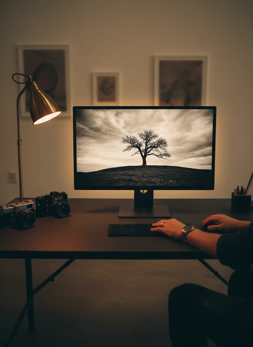 A minimalist, high-end editorial workspace showing a landscape photograph being edited