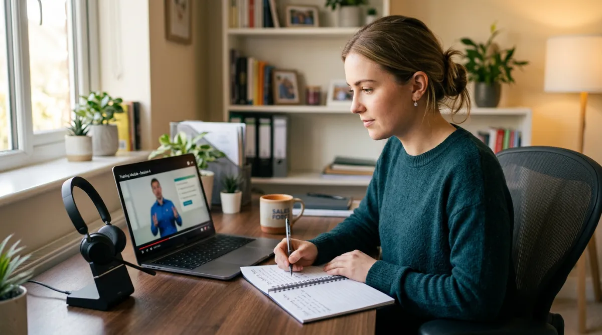 Remote sales training and coaching in a home office, taking notes at a laptop