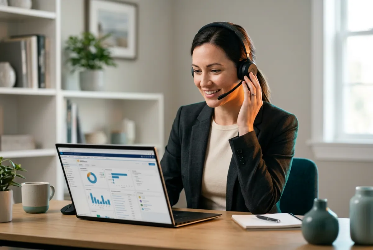 Remote sales specialist working consultatively on phone and headset from home office
