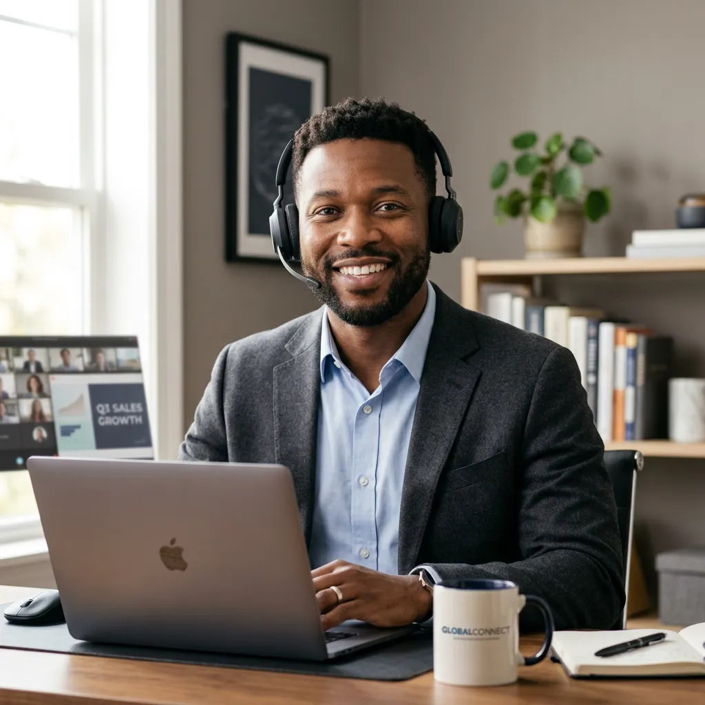 Black male remote sales professional wearing a headset in a home office