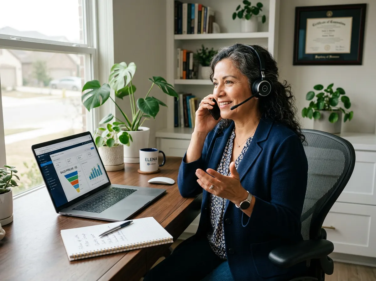 55-year-old Hispanic woman working remotely as a sales professional on a headset in a home office
