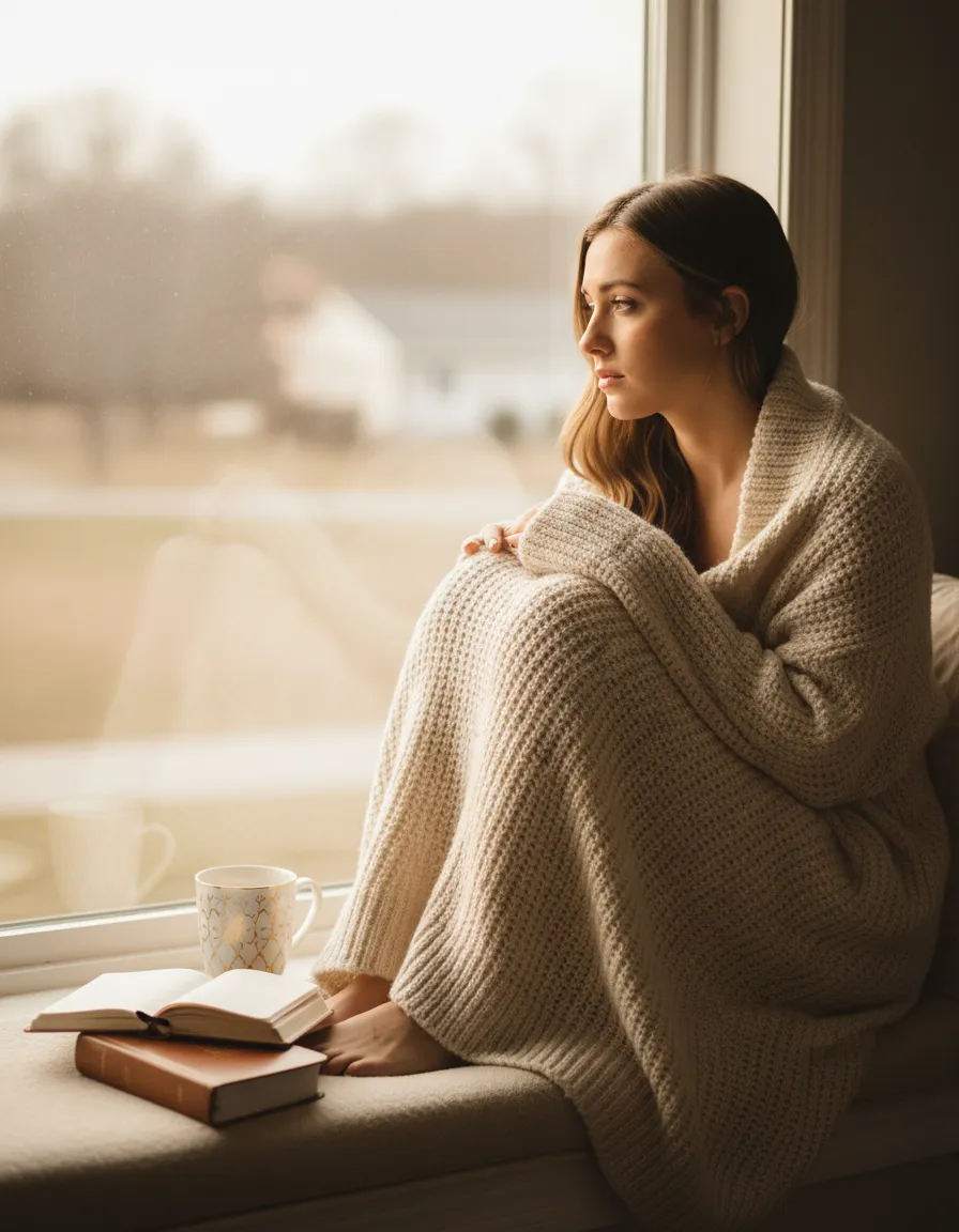 Reflective woman, soft light, contemplative mood