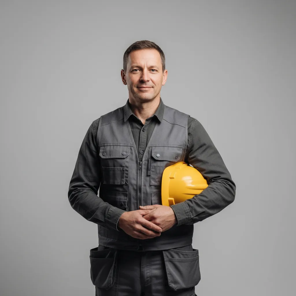 Manlig byggföretagare i 40-årsåldern, arbetskläder, 1:1 avatarbild.