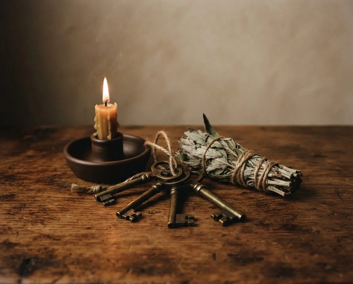 Ancestral energy healing ceremony with warm light and botanical elements