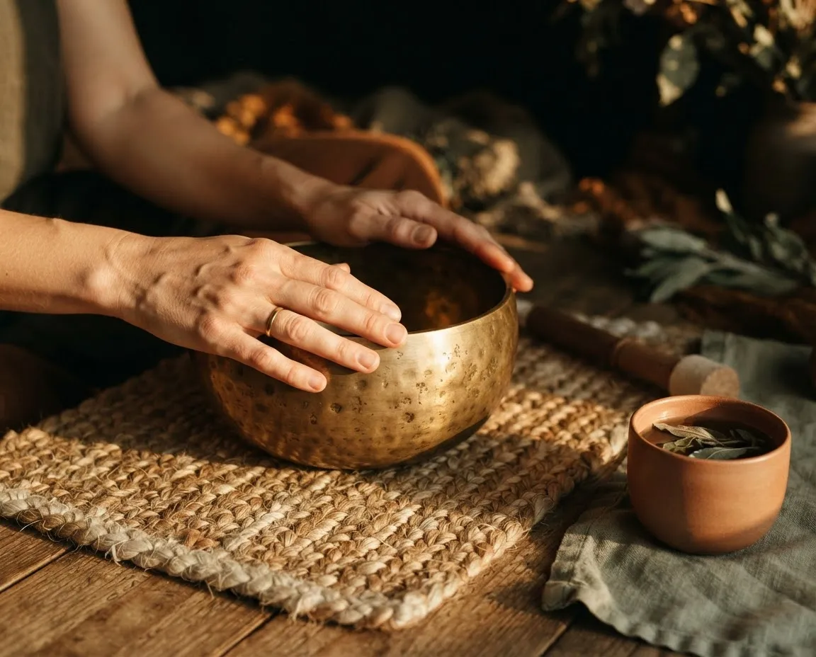 Soulful integration ritual setup with herbal tea, sacred journal, linen textures, and soft warm afternoon lighting