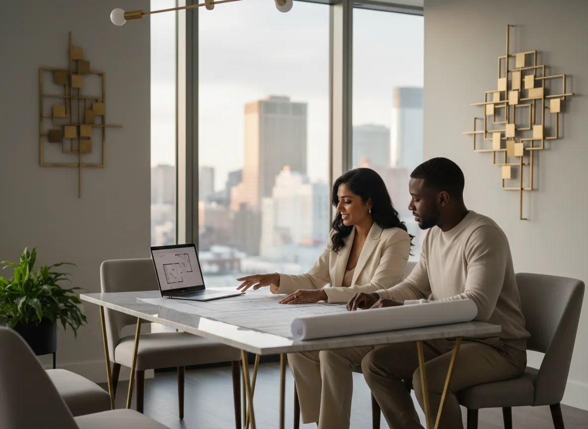 Queens Multiservices real estate agent consulting clients in a modern office