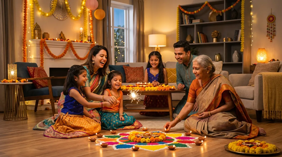 People celebrating Diwali indoors with festive decor and warm lighting