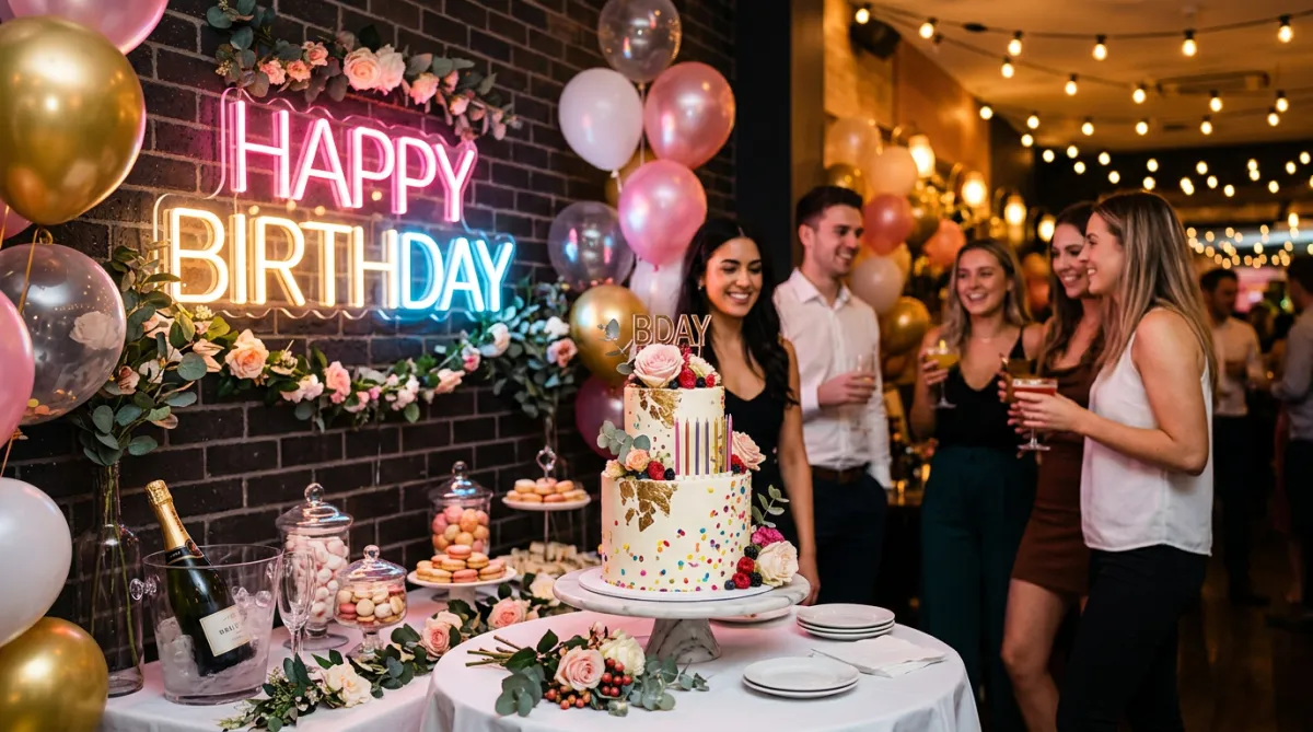 Birthday party scene with neon 'Happy Birthday' sign and cake.