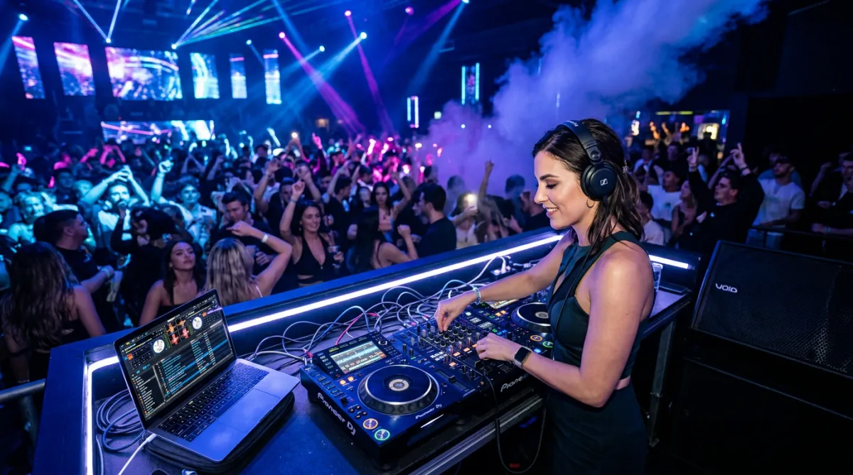 A DJ performing at a lively party with blue and purple lighting.