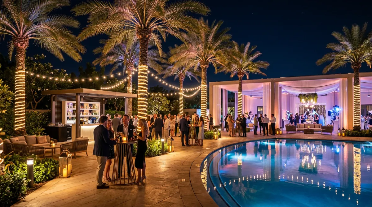 A festive outdoor event setting at night with lit palm trees and glowing ambience.