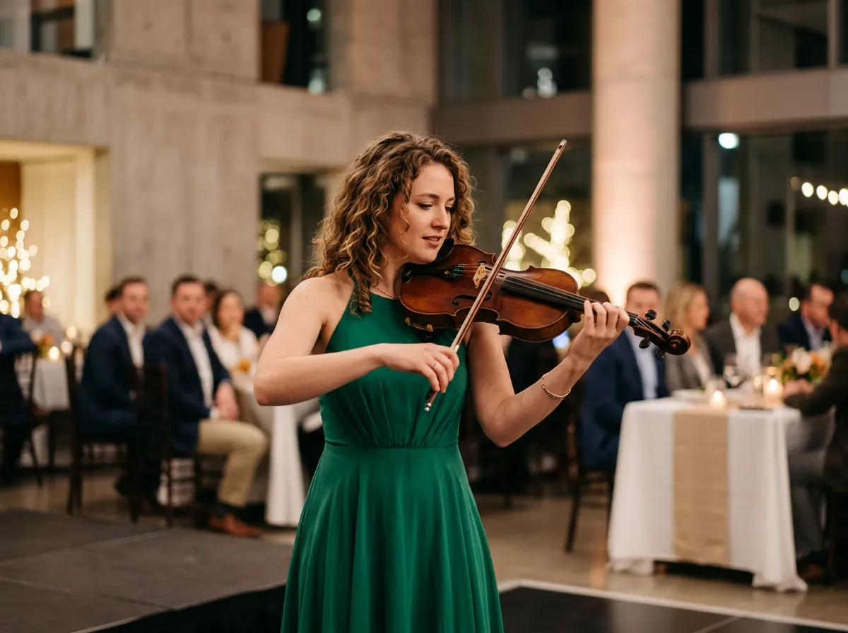 Violinist performing at an event.