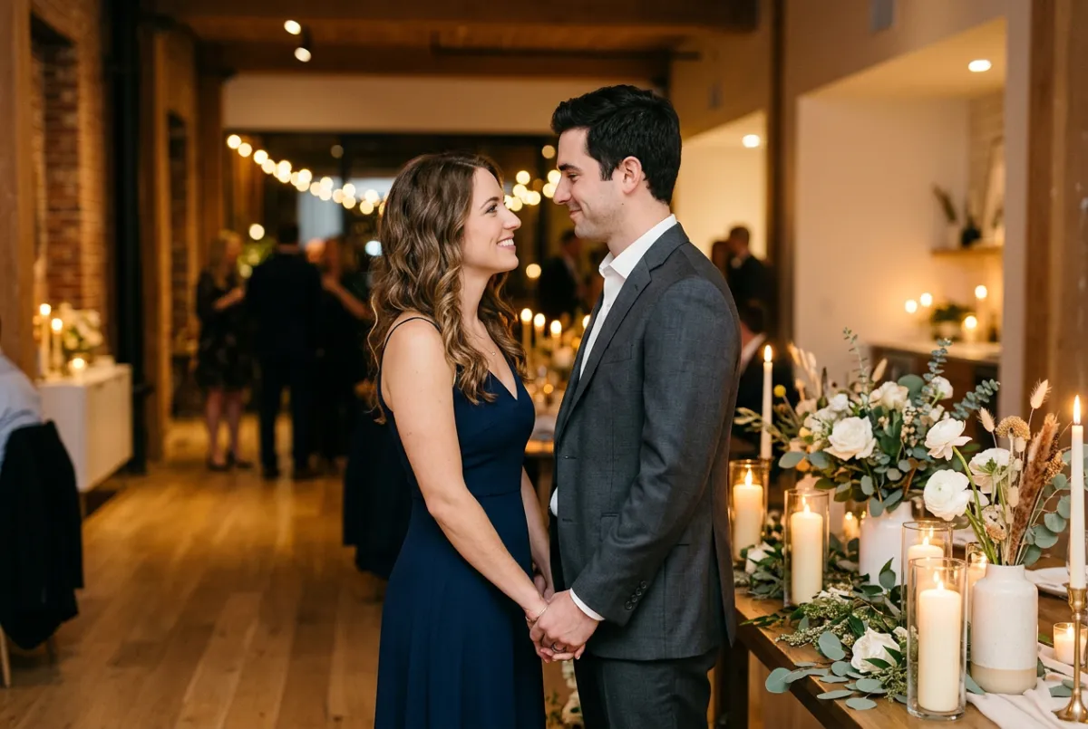Couple holding hands looking at each other indoors near lit candles and florals