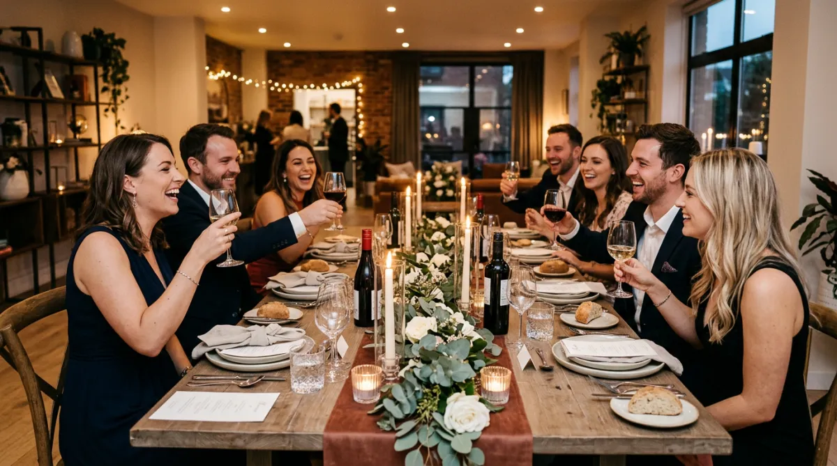 Intimate private celebration with guests at a beautifully decorated long dining table