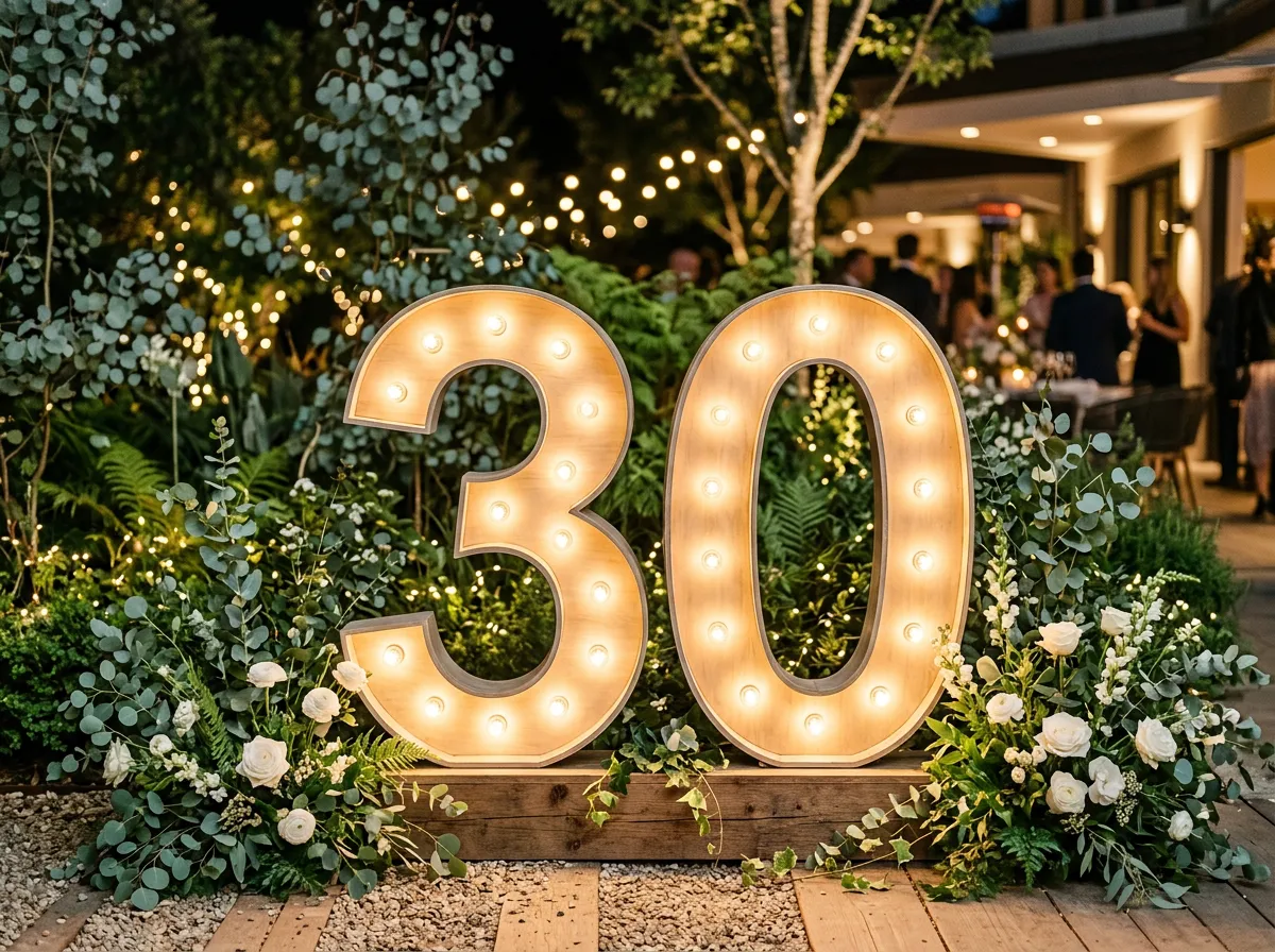 Large illuminated '30' numbers surrounded by greenery.