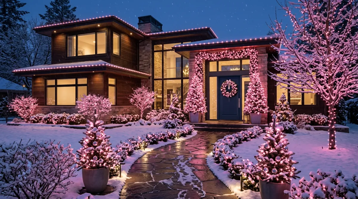 Christmas and festive season outdoor decorations with pink lights.
