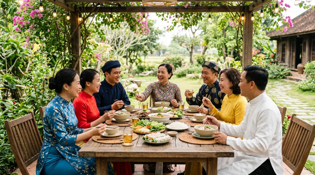 Group of people in traditional attire gathered around a dining table in an outdoor setting