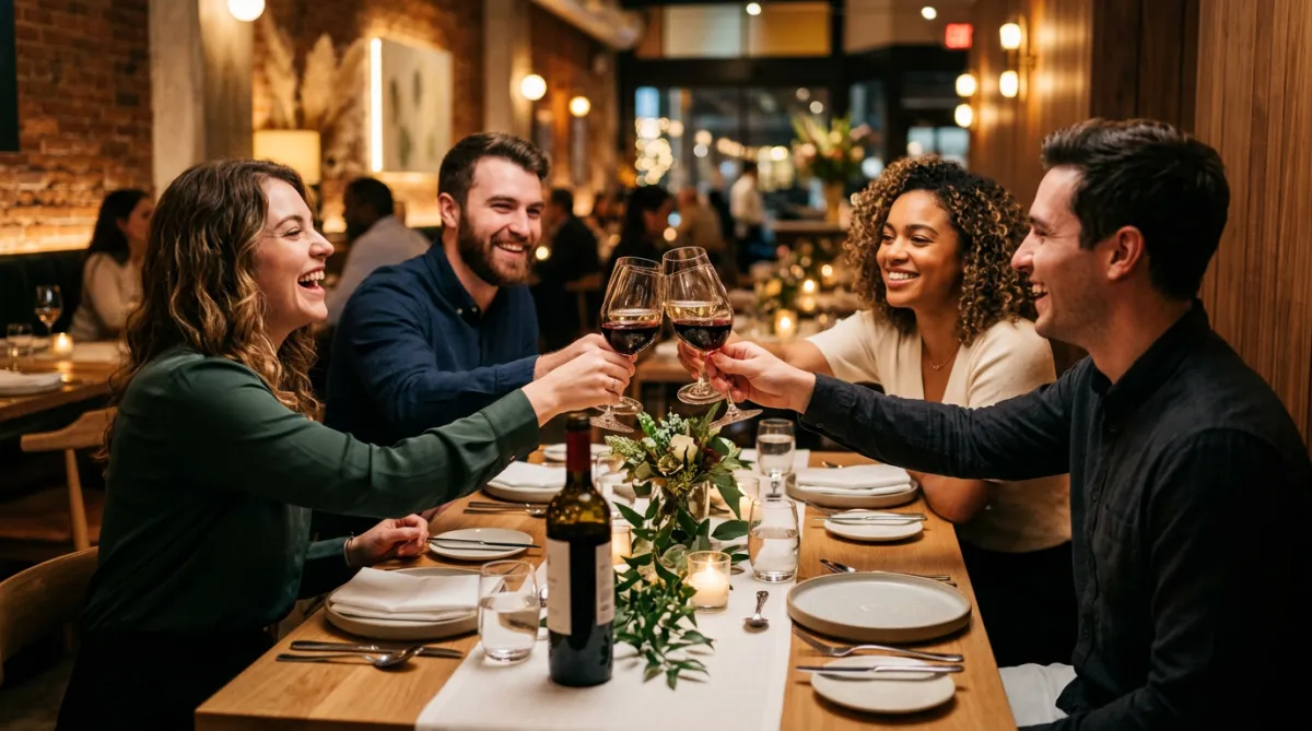 A small group of friends clinking glasses in a celebratory toast at a nicely set dining table.