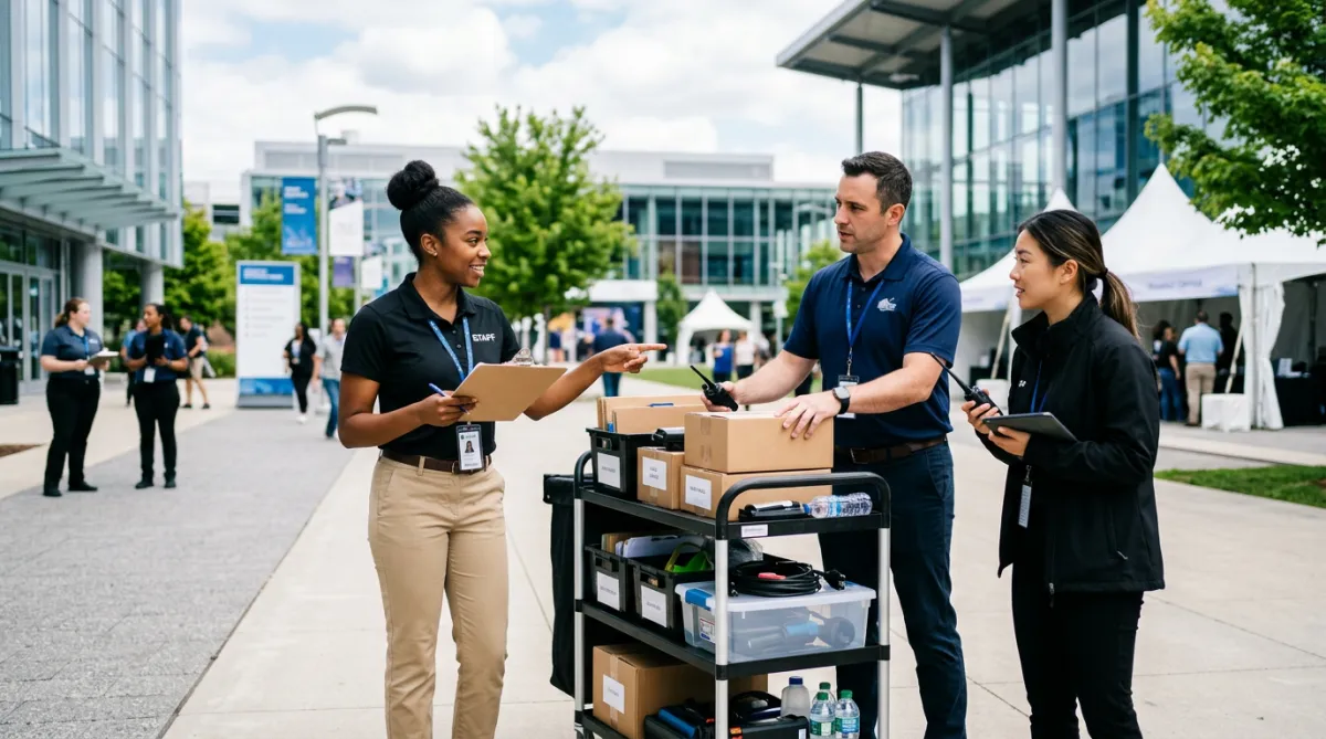 Event staff coordinating supplies outdoors.