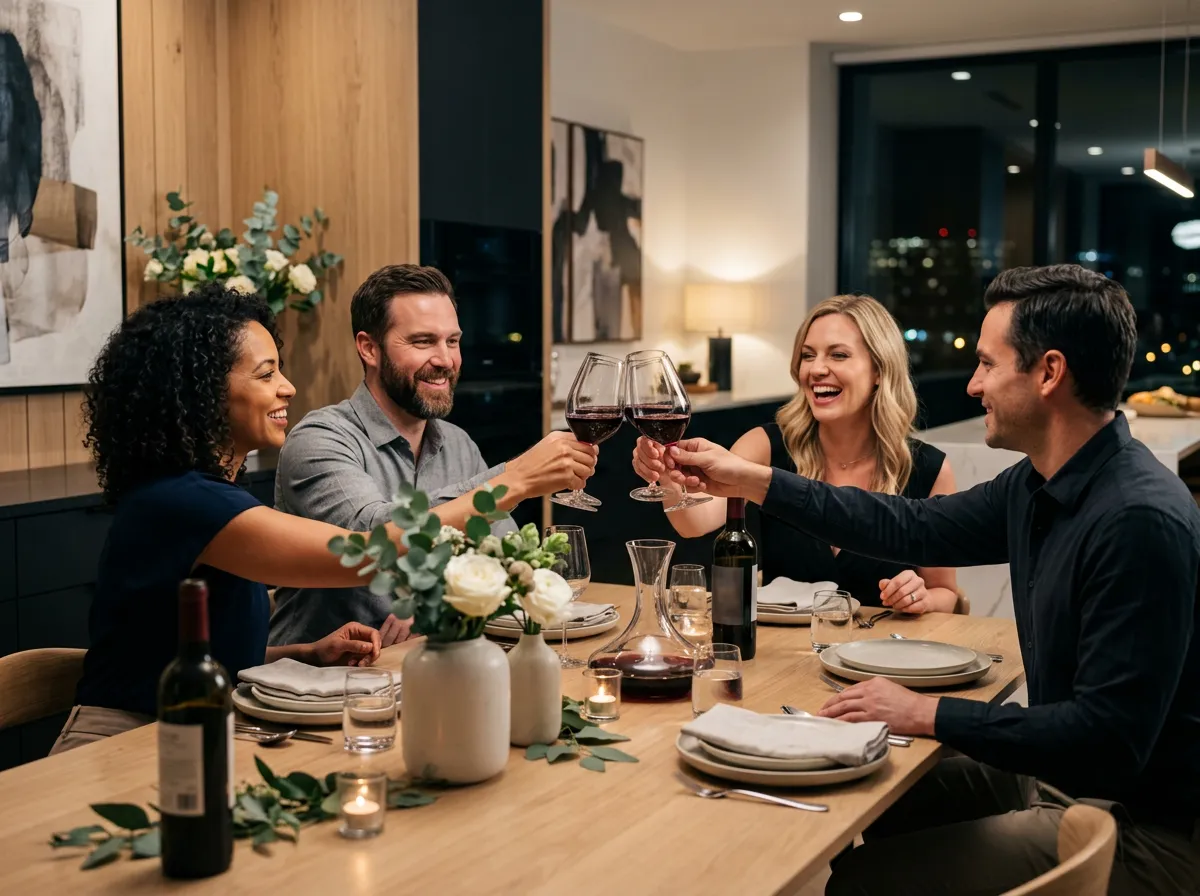 Intimate private dining setup with people clinking wine glasses.