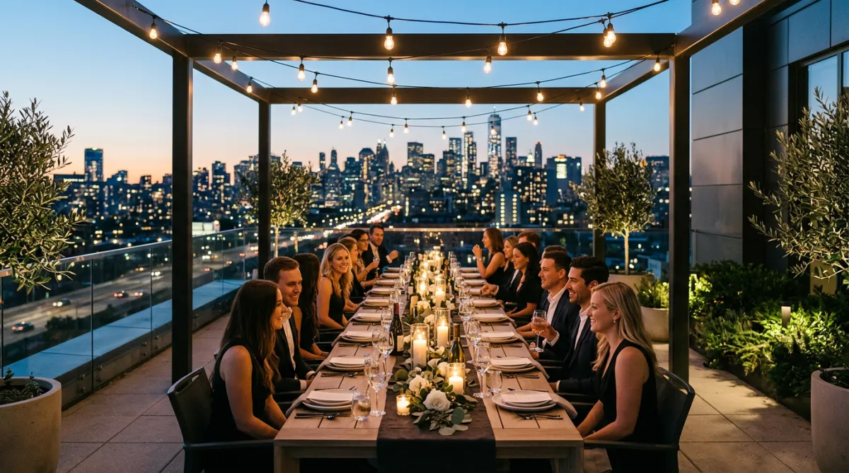 An elegant outdoor dinner setting with a long table, glowing lights, and the city skyline in the background at dusk.