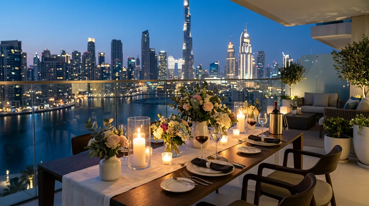 Luxurious outdoor dining table setup with candles and flowers, overlooking the illuminated Dubai skyline at dusk