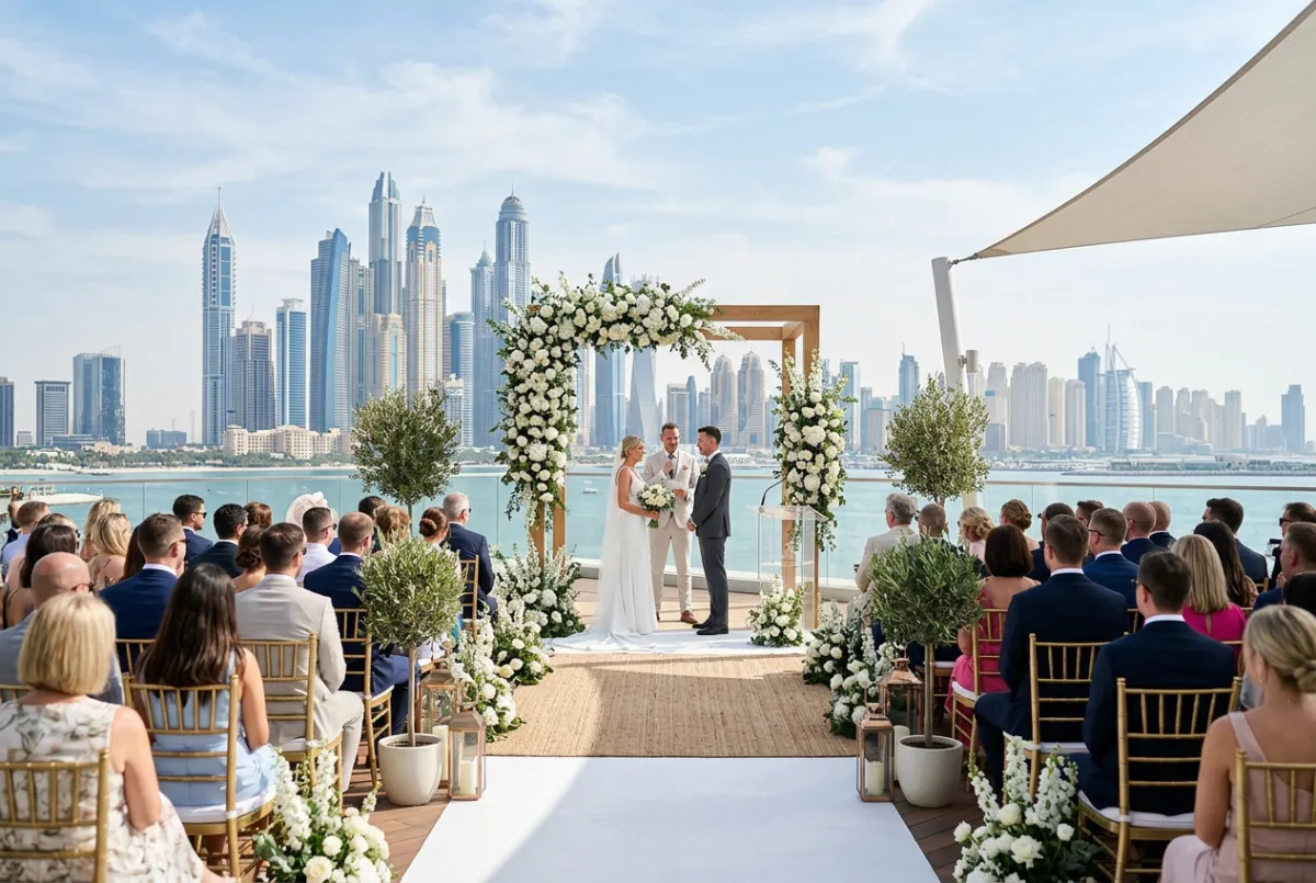 Outdoor daytime wedding ceremony arch with white flowers and Dubai skyline behind