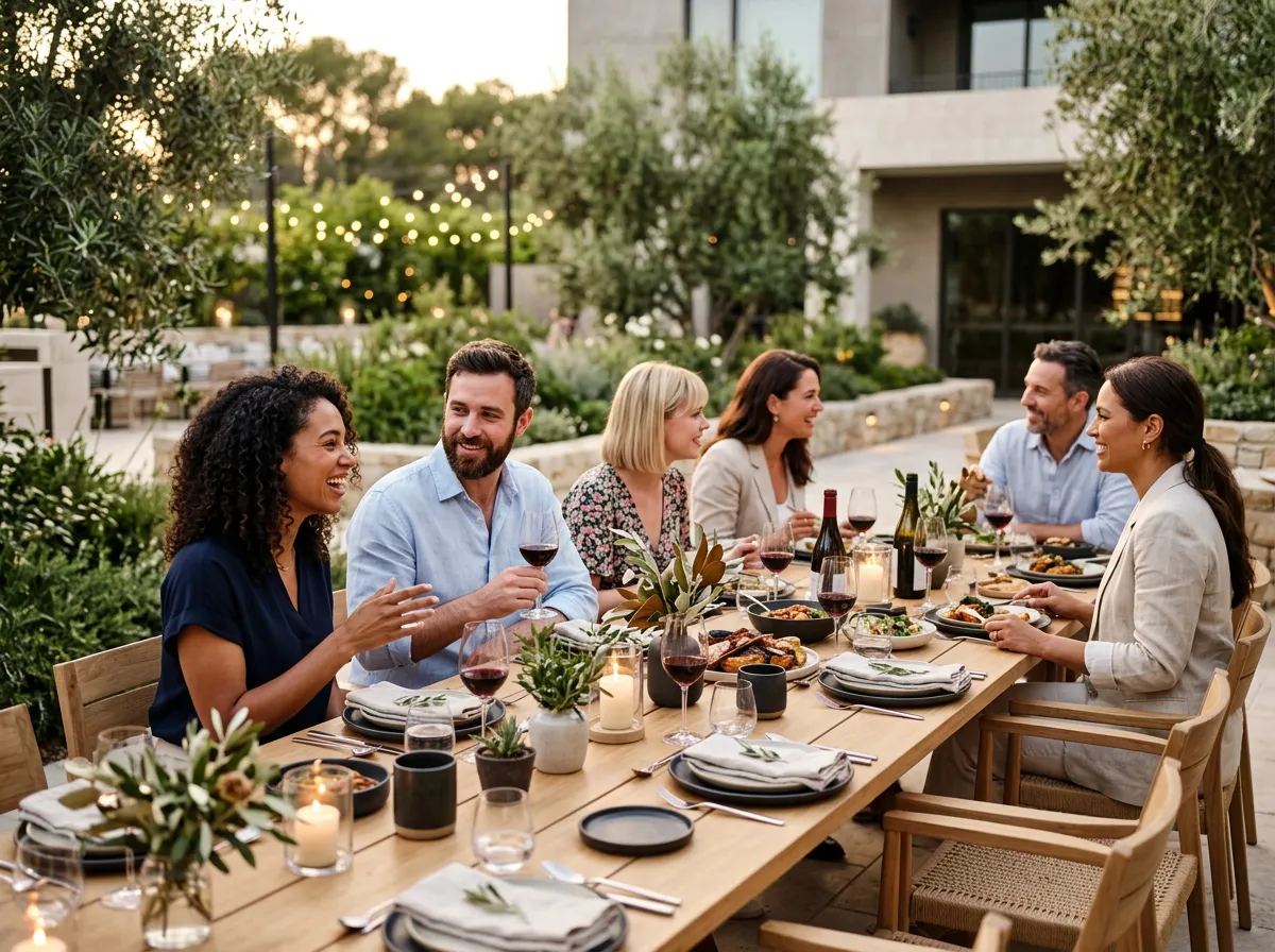 Guests seated at an outdoor dinner table.