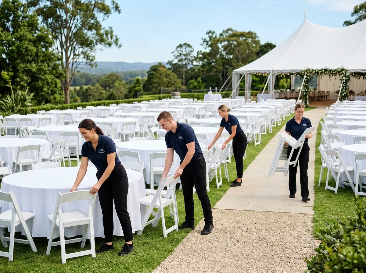 Event staff in uniform arranging tables and chairs for a large outdoor event