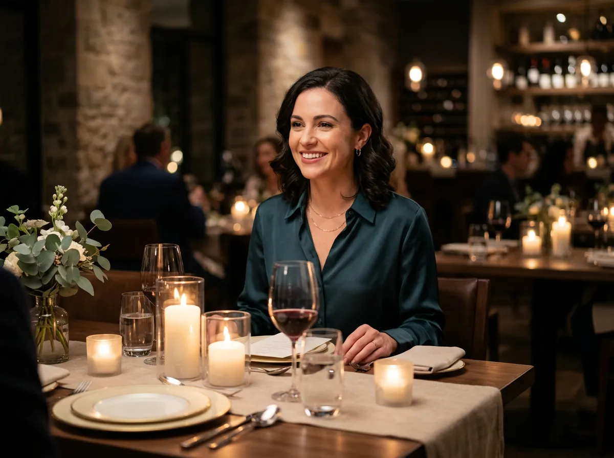 Woman seated at an elegant dinner table with glowing candles in front of her, smiling.