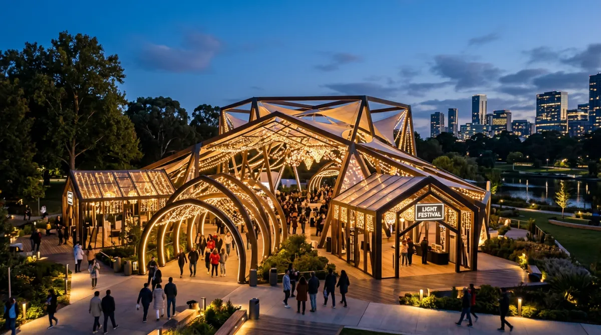 Grand outdoor seasonal event structure with elaborate lighting