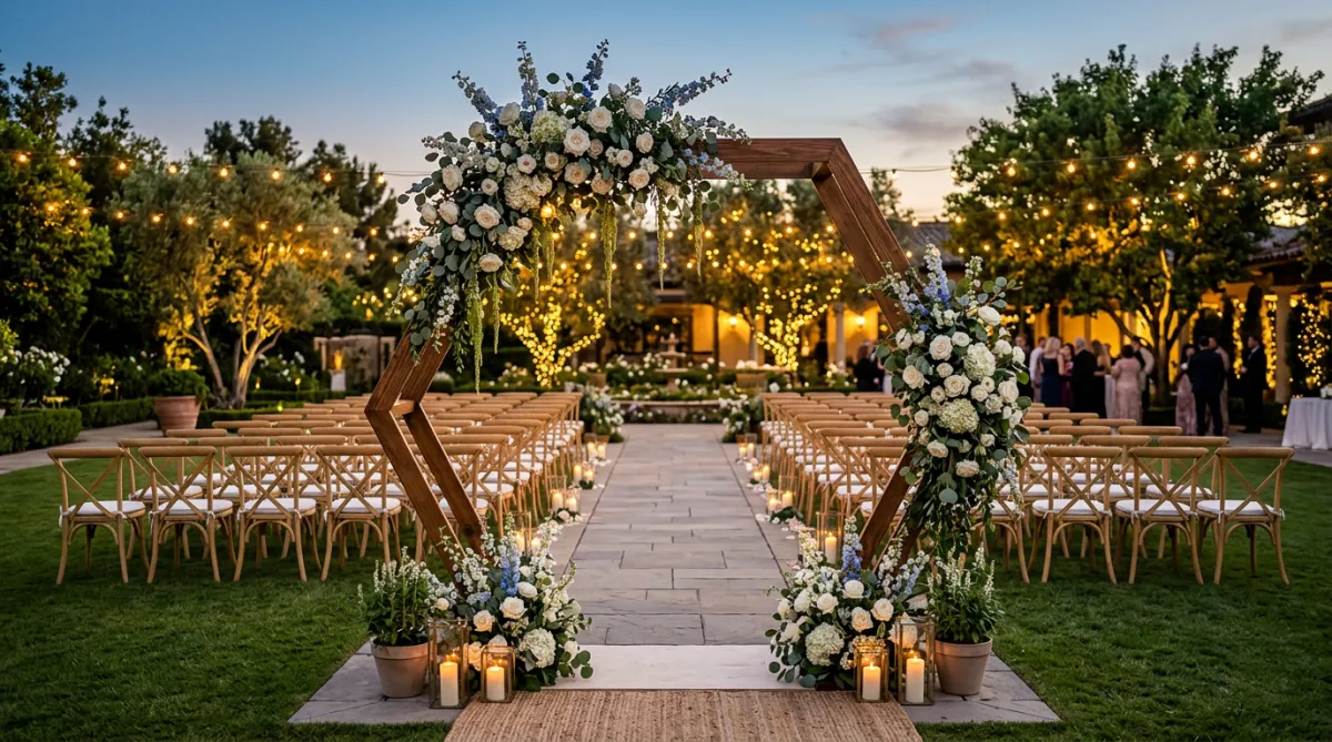 Evening outdoor wedding setup with a large decorated arch.