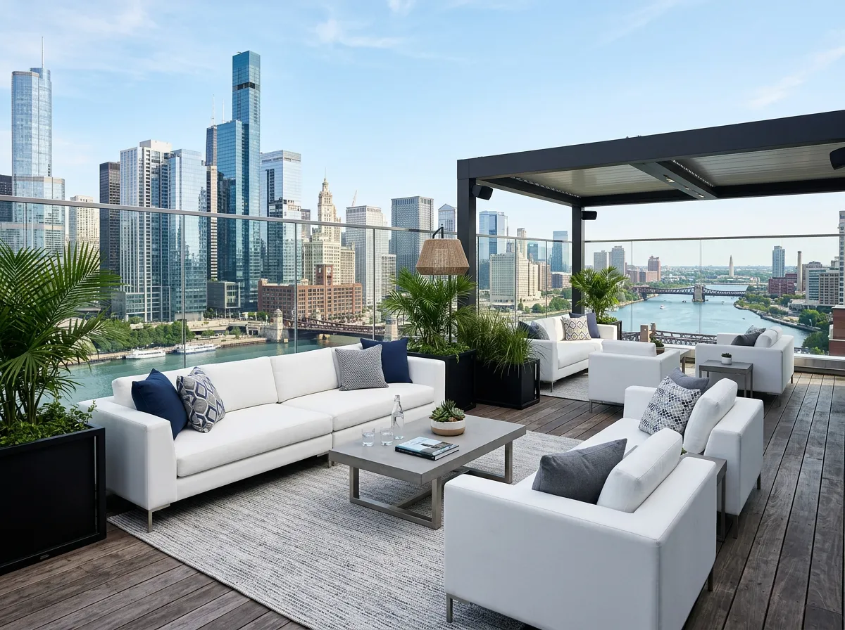Outdoor lounge setup with white sofas and city skyline view.