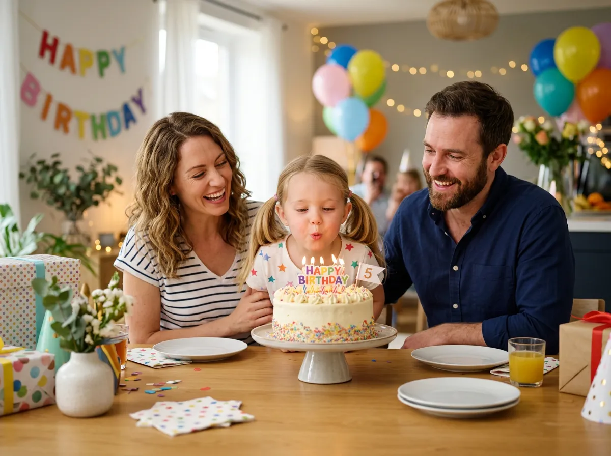 Family celebrating a child's birthday, parents looking fondly at their young daughter blowing out candles on a cake.