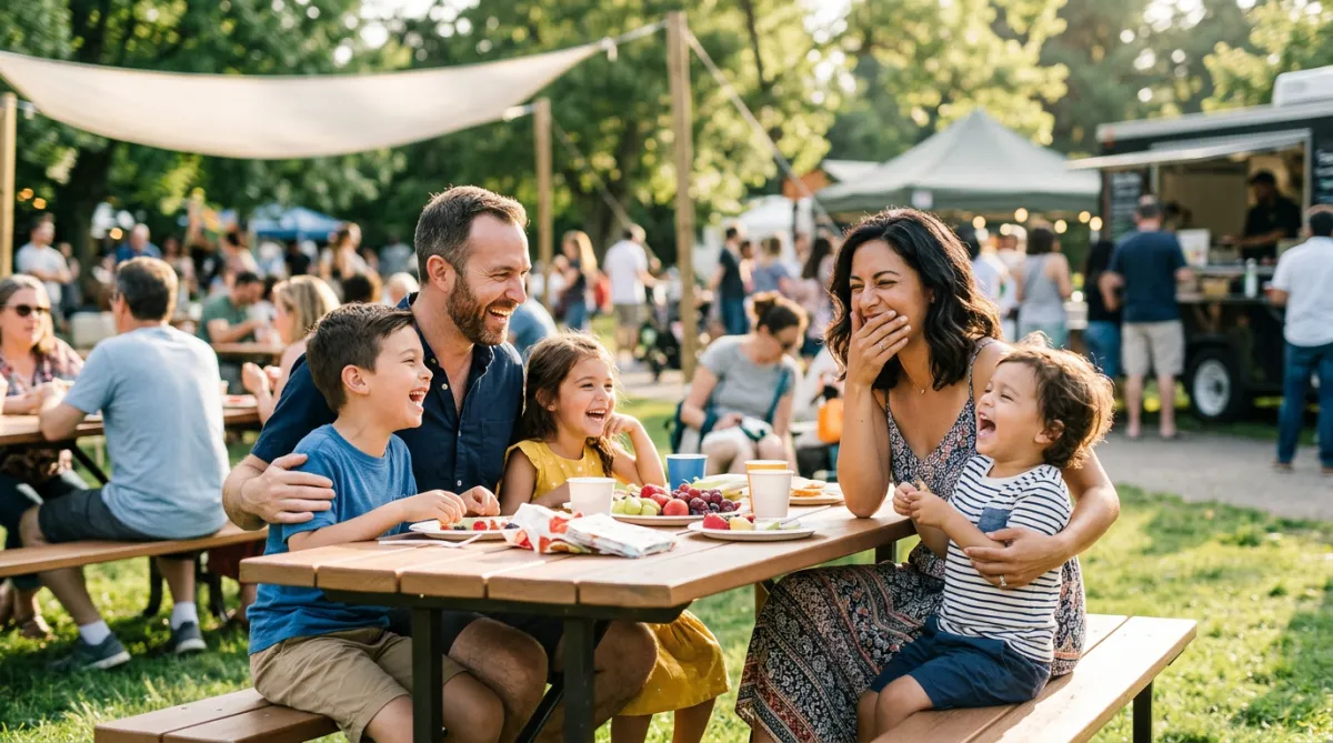 A family sharing a joyous moment and laughing together at an outdoor gathering.
