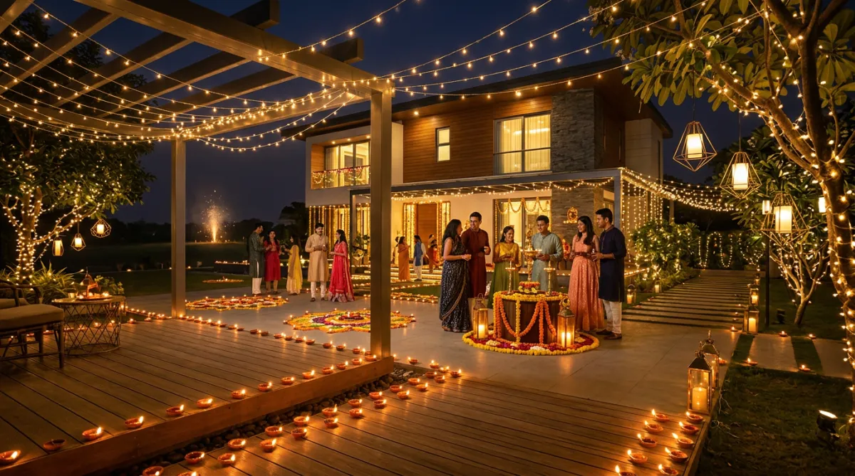 Diwali celebration outdoor lighting setup.
