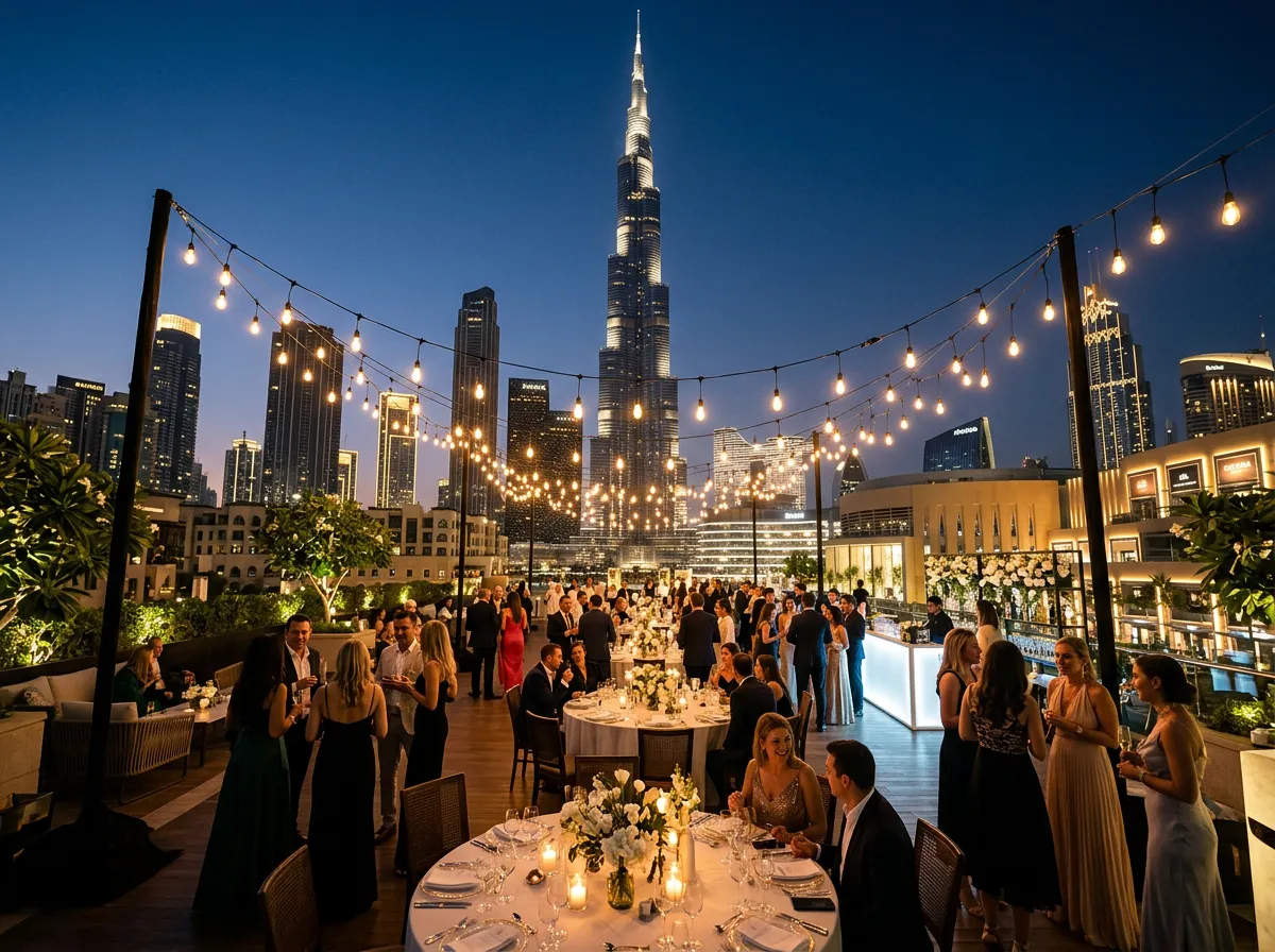 Evening outdoor event setup with warm string lighting, elegantly dressed guests, and the Burj Khalifa illuminated in the background