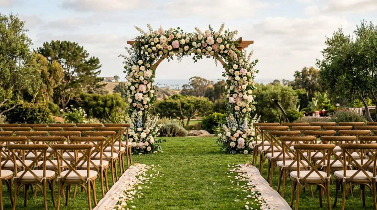 A beautifully decorated floral archway set up for a wedding ceremony with empty chairs on either side.