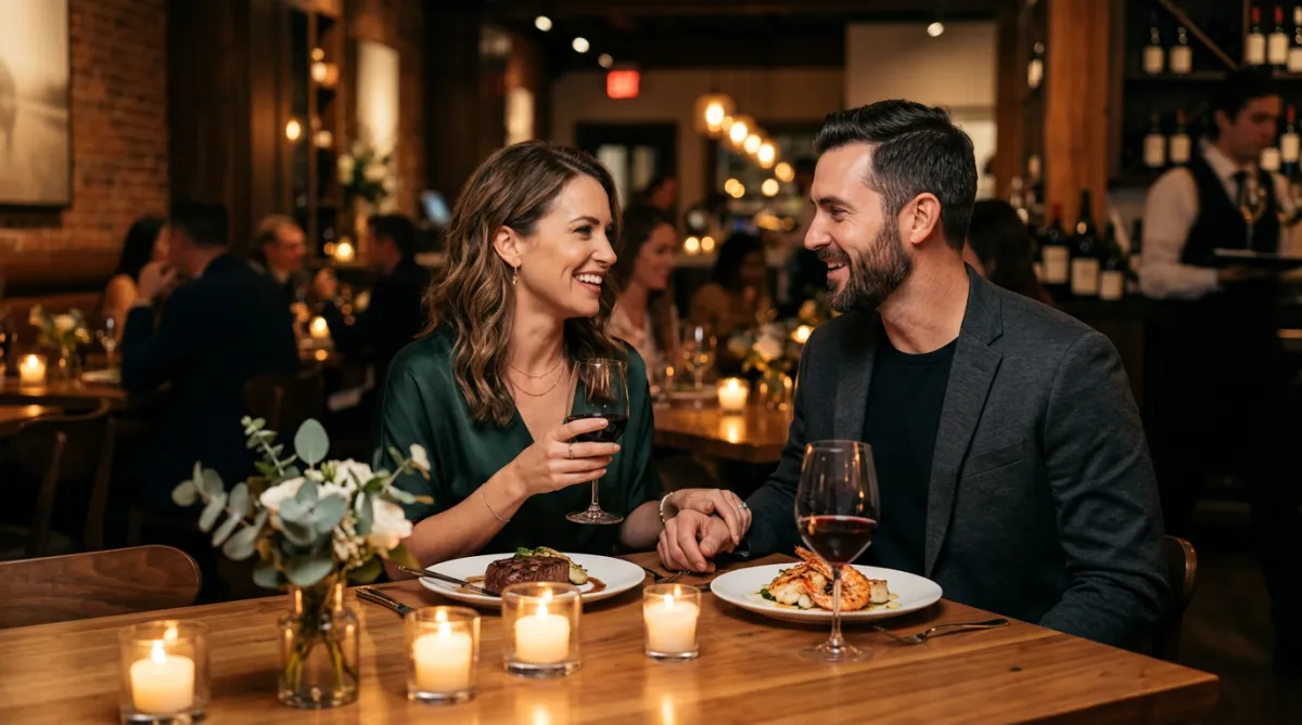 A couple enjoying an intimate candlelit dinner in a cozy restaurant setting.