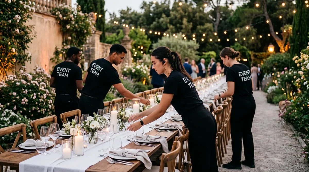Event staff in black t-shirts with 'EVENT TEAM' printed on the back, setting up a long banquet table with glassware and candles in an outdoor venue.