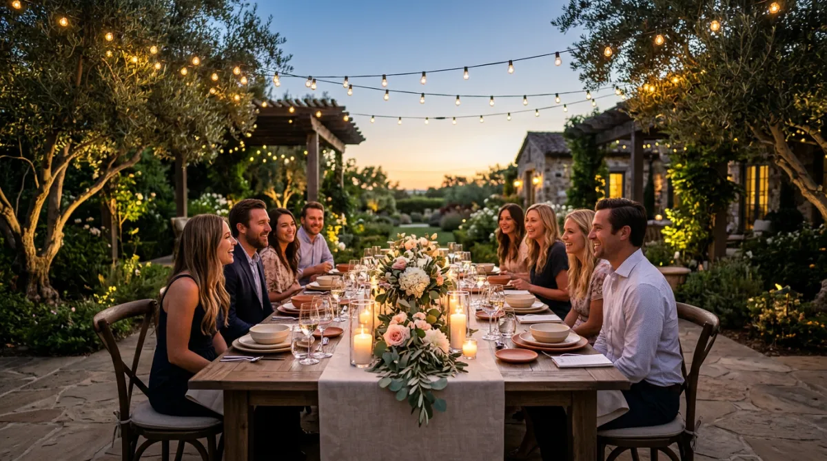 Outdoor private celebration dinner setting with string lights